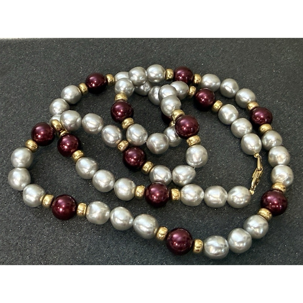 Vintage NAPIER FAUX PEARL NECKLACE Gray Purple Gold Tone BEADED 35" Long